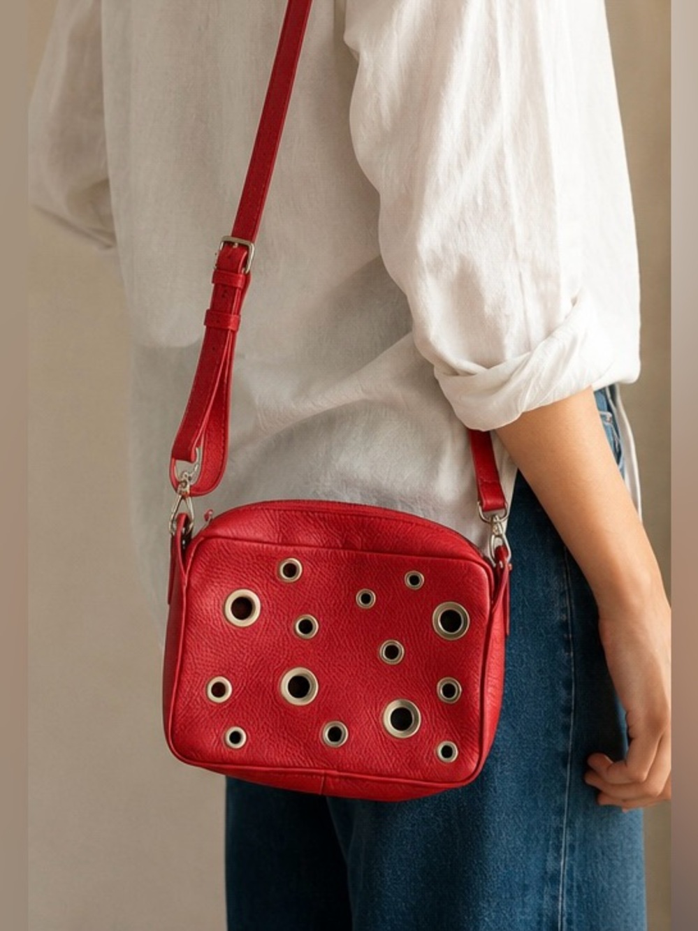 & OTHER STORIES Red Leather Crossbody Bag with Grommet Accents